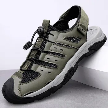 Fashion Men Leather Sandals Beach Sandals Shoes Non-slip Personality Slippers Outdoor Breathable Casual Shoes Comfortable Size 38-46 38 серый