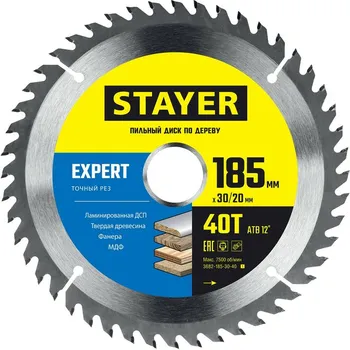 Пильный диск STAYER Expert, 185 мм x 30 мм дерево, фанера, ламинат, шпон, ДСП, МДФ, точный рез, 40Т, 1 шт. (3682-185-30-40_z01)