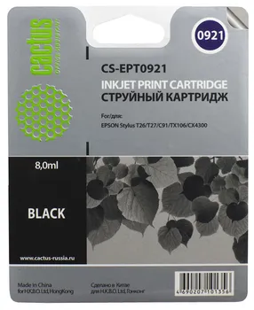 Картридж струйный Cactus CS-EPT0921 (C13T10814A10), черный, совместимый, 8 мл, для Epson Stylus C91 / CX4300 / T26 / T27 / TX106 / TX109 / TX117 / TX119