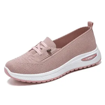 Fashion 2024 Woman Mesh Flats Comfortable Thick Sole Walking Shoe Pink Knit Detail Outdoor Sneakers Women s Sporty Slip on Shoes Lace Up 36 розовый