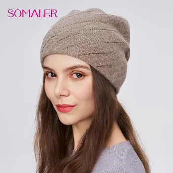 SOMALER Women s Winter Warm Wool Knit Hat with Rhinestone Double Layer Thick Casual Fashion Bonnet Outdoor Cap One Size