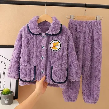 Детская зимняя пижама из кораллового флиса с фланелевым пижамным комплектом, утолщенная домашняя одежда для мальчиков и девочек 80-90cm
