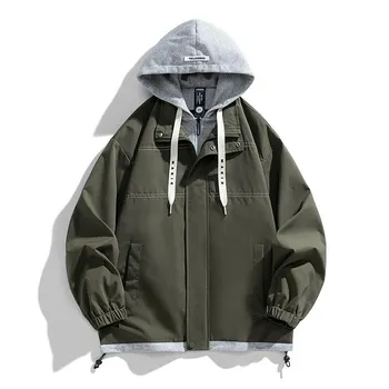 Весна и осень Новая куртка с капюшоном Мужская модная марка Port Wind Fake Two Повседневное пальто Мужское M чёрный
