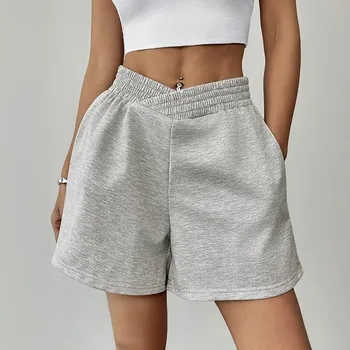 VEZFAA Women s Fashion Casual Solid Color Print High Waist Sport Shorts S светло-серый