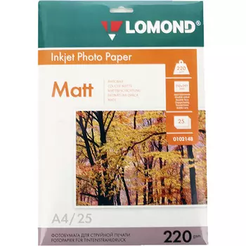 Фотобумага A4 220 г/м матовая, 25 листов, двусторонняя, Lomond 0102148 для струйной печати