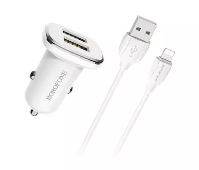 Автомобильное зарядное устройство Borofone BZ12i АЗУ 2USB 2.4A для Lightning 8-pin Белый (iPhone)