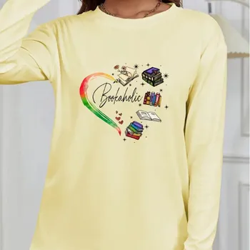 Топы для женщин Magic Book Love Print Round Neck Футболка с длинным рукавом Осенний повседневный тонкий пуловер Женский топ с длинным рукавом XS розовый