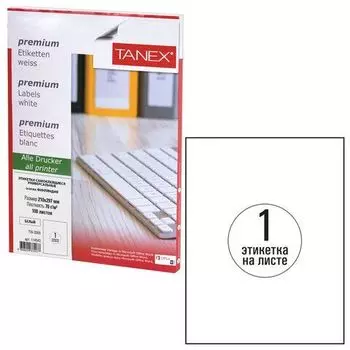 Этикетка самоклеящаяся Tanex Universal, односторонняя, матовая, 210x297мм, 1шт. на листе A4, 100л., белый (TW-2000)