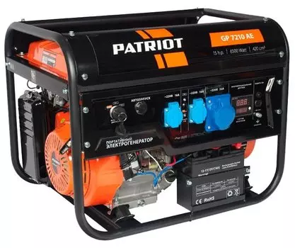 Электрогенератор PATRIOT GP 7210AE, однофазный, синхронный, автозапуск, бензиновый, 15 л.с., 6.5кВт, 2xEURO 16A + 1x220В 32A (474101590)