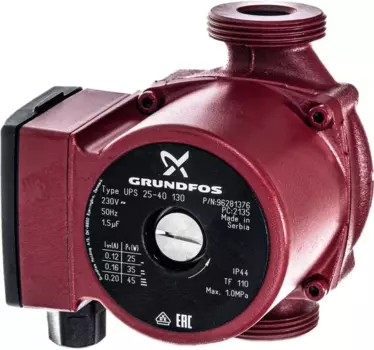 Электрический водяной насос Grundfos UPS 25 / 40, 45 Вт, циркуляционный, центробежный, производительность 3 м³/час, 2.4 кг (96281376)