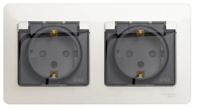 Розетка Schneider Electric GSL000647 2-ая с/з, со шторками, в сборе, IP44 Glossa Перламутр