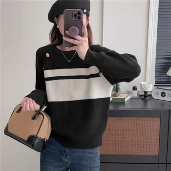 Autumn and Winter Striped Round Neck Sweater Knitted Base Color Blocked Loose Design Knitted Sweater Top S