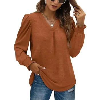 YYFS Женская мода Повседневная весна-осень Однотонные принты Длинные рукава V-образный вырез Блузки и рубашки S белый