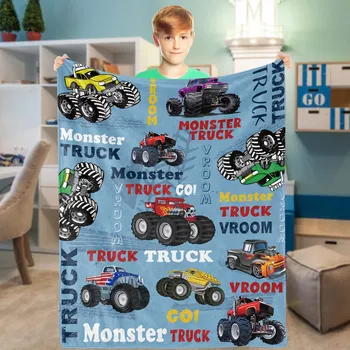 Синий плед Monster Truck Cartoon Cars Flannel Пледы для детей и мальчиков на все времена Трек Кровать Диван Одеяло King Queen Size 70x100cm-XS