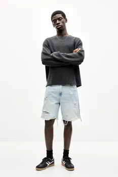 Шорты-Бермуды из рваного денима Pull And Bear, индиго