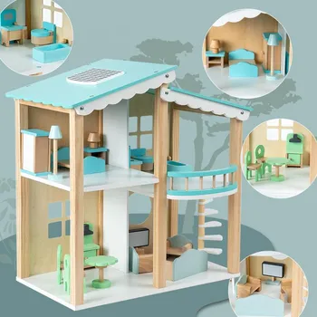 BABIBO Wooden Baby Color Doll House/Princess Villa House/Play House Simulation Double Bedroom Role Simulation Toy синий