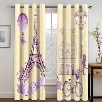 Cartoon Romantic Pink Paris Effiel Tower GirlWindow Curtains Drapes for Kids Bedroom Living Room Kitchen Door Home Decor 2Pieces W50 X H130(CM)X2&Hook