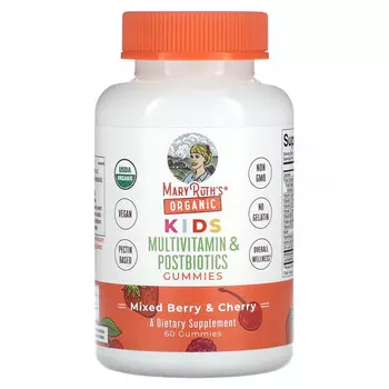 MaryRuth Organics, Organic, для детей, мультивитамины и жевательные таблетки от постбиотиков, смесь ягод и вишни, 60 жевательных таблеток
