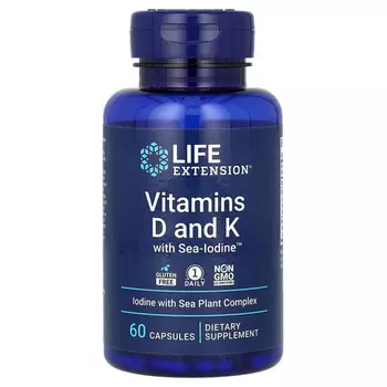 Life Extension, витамины D и К с йодом Sea-Iodine, 60 капсул