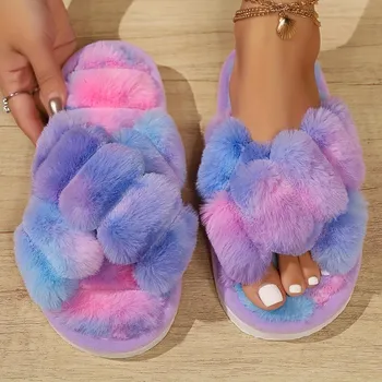 Теплые домашние тапочки Crisscross Fluffy, мягкая подошва с открытым носком, удобная обувь с плюшевой подкладкой, нескользящие бесшумные тапочки для зимы и осени 36-37 белый