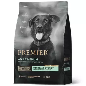 Premier Dog Lamb & Turkey Adult Medium сухой корм для собак средних пород, свежее мясо ягненка с индейкой - 1 кг повседневный супер премиум низкозерновые для взрослых с индейкой породы среднего размера мешок Импортный корм 1 уп. х 1 шт. х 1 кг