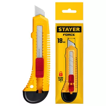 Нож упрочненный Stayer FORCE, 0911_z01 из АБС пластика со сдвижным фиксатором (лезвия 18 мм)