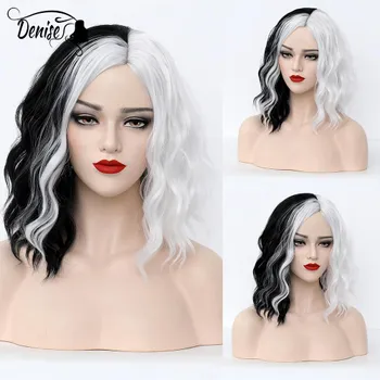 Новый парик для косплея CRUELLA De Vil, полубелый, наполовину черный, синтетические короткие волнистые парики с челкой для женщин, термостойкие натуральные волосы dm-175