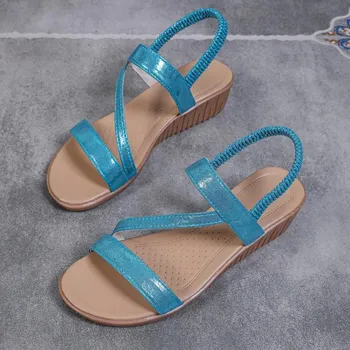 Fashion Ladies Shoes 2024 Hot Sale Elastic Band Women s Sandals Summer Open Toe Solid Outdoor Casual Wedge Heel Large Size Sandals 35 серебряный