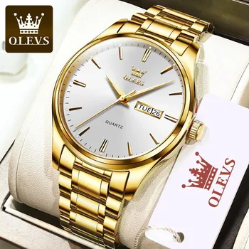 OLEVS Luxury Men s Watches Stainless Steel Waterproof Weekly Calendar Quartz Watch Original Luminous Simplicity Wristwatch синий/чёрный