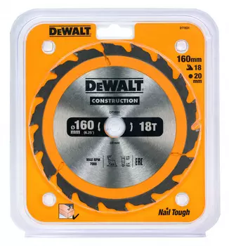 Диск пильный по дереву DeWalt Construction 160/20 1,5/2,4 18 ATB +20° DT1931-QZ