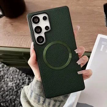 Тонкий кожаный чехол с магнитным покрытием для Samsung S25 Ultra S24 FE S23 Plus A56 A16 A36 A26 TPU гибридный мягкий противоударный чехол для телефона с беспроводной зарядкой Samsung S25 чёрный