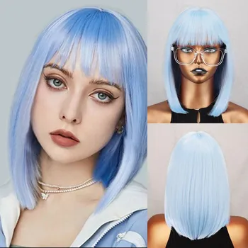 MISS WIG Женская мода Чистый белый короткий прямой парик Боб с челкой Синтетическое волокно Повседневная одежда Косплей Натуральный прямой парик Боб 6-26