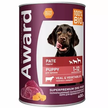 Award Pate Puppy Veal & Vegetables влажный корм для щенков от 1 месяца, с ТЕЛЯТИНОЙ и овощами, в консервах - 400 г повседневный супер премиум безглютеновые для щенков с овощами для всех пород консервы (в железной банке) Российский корм 1 уп. х 12 шт. х 4.8 кг