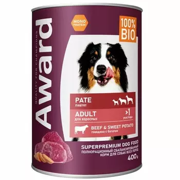 Award Pate Adult Beef & Sweet Potato влажный корм для собак, с говядиной и бататом, в консервах - 400 г повседневный супер премиум безглютеновые для взрослых с говядиной для всех пород консервы (в железной банке) Российский корм 1 уп. х 12 шт. х 4.8 кг