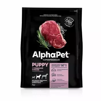 AlphaPet Superpremium сухой полнорационный корм для щенков, беременных и кормящих собак средних пород с ГОВЯДИНОЙ и рисом - 7 кг повседневный супер премиум для щенков с говядиной породы среднего размера мешок Российский корм 1 уп. х 1 шт. х 7 кг