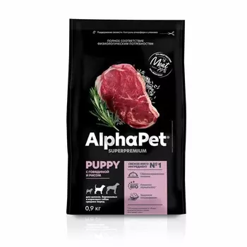 AlphaPet Superpremium сухой полнорационный корм для щенков, беременных и кормящих собак средних пород с ГОВЯДИНОЙ и рисом - 900 г повседневный супер премиум для щенков с говядиной породы среднего размера мешок Российский корм 1 уп. х 1 шт. х 0.9 кг