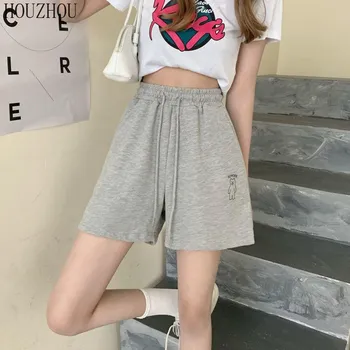 HOUZHOU спортивные шорты, женские летние повседневные корейские свободные черные брюки с высокой талией, широкие брюки с пятью точками S чёрный