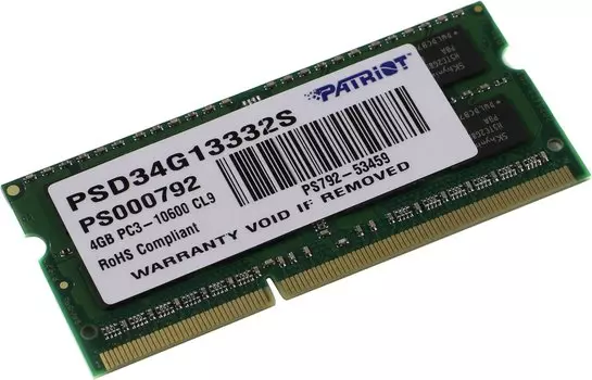 Память DDR3 SODIMM 4Gb, 1333MHz, CL9, 1.5 В, Patriot Memory, Signature (PSD34G13332S)