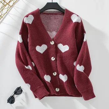 GMXIA Осенне-зимний свитер Knit Love Jacquard V-образный вырез кардиган свитер для женщин S розовый