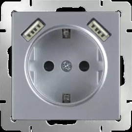 Розетка с заземлением, шторками и USBх2 (серебряный) Werkel WL06-SKGS-USBx2-IP20 4690389073212