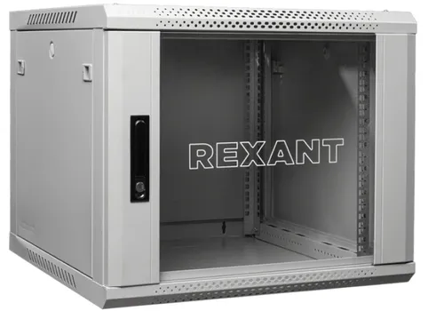 Шкаф настенный 19", 9U Rexant 04-0966-111 600600х501, дверь сплошное стекло, серый, RAL 7035