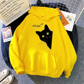 Мяу черный кот унисекс с капюшоном модные свободные толстовки унисекс с плотным принтом пуловер высокого качества уличная теплая спортивная одежда L