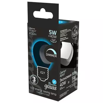 лампа GAUSS Filament Шар 5Вт Е27 LED 450Лм 4100К диммируемая