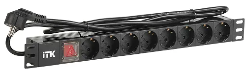 Блок розеток ITK PH12-8D1-P на 8 розеток DIN49440 (нем. cтанд.) с LED выключателем, 1U, шнур 2м вилка DIN49441 (нем. станд.), профиль из ПВХ, черный