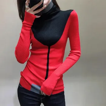 Women s Fall and Winter High Neck Slim Bottoming Sweater Long Sleeve Splicing Knitted Tops 3XL чёрный