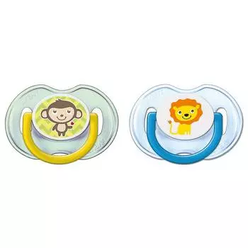 Avent Пустышка Classic 0-6 мес, 2 шт, лев/обезьяна