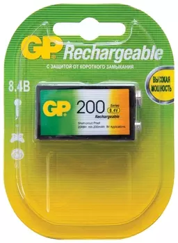 Батарейка аккумуляторная GP, Крона (20R8H, 6F22), Ni-Mh, 200 mAh, 1 шт., в блистере