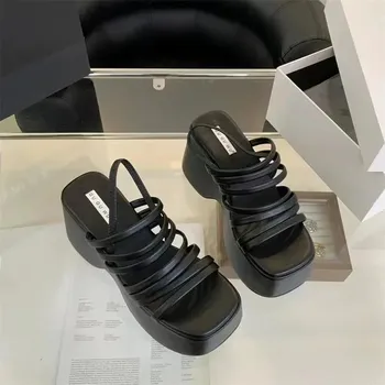 Fashion Women s Summer Chunky Heels Sandals New Fashion Strap High Heeled Slippers Woman Black Slip on Casual Platform Sandalias Mujer 35 серебряный