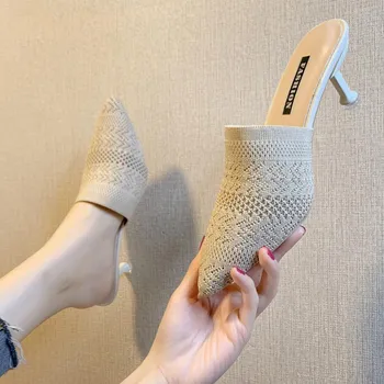 Женские тапочки с острым носком со стразами. Верхняя одежда. Полутапочки Baotou. Универсальные женские туфли на высоком каблуке. 35 жёлтый