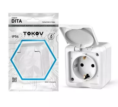 Розетка TOKOV ELECTRIC Dita, открытая, однопостовая/модулей: 1, с крышкой, 16А, в сборе, IP54, белый (TKL-DT-R1Z-C01-IP54)